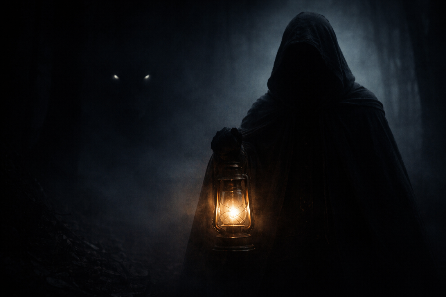 Shadowed figure holding a dim lantern with a wolf presence in the background
