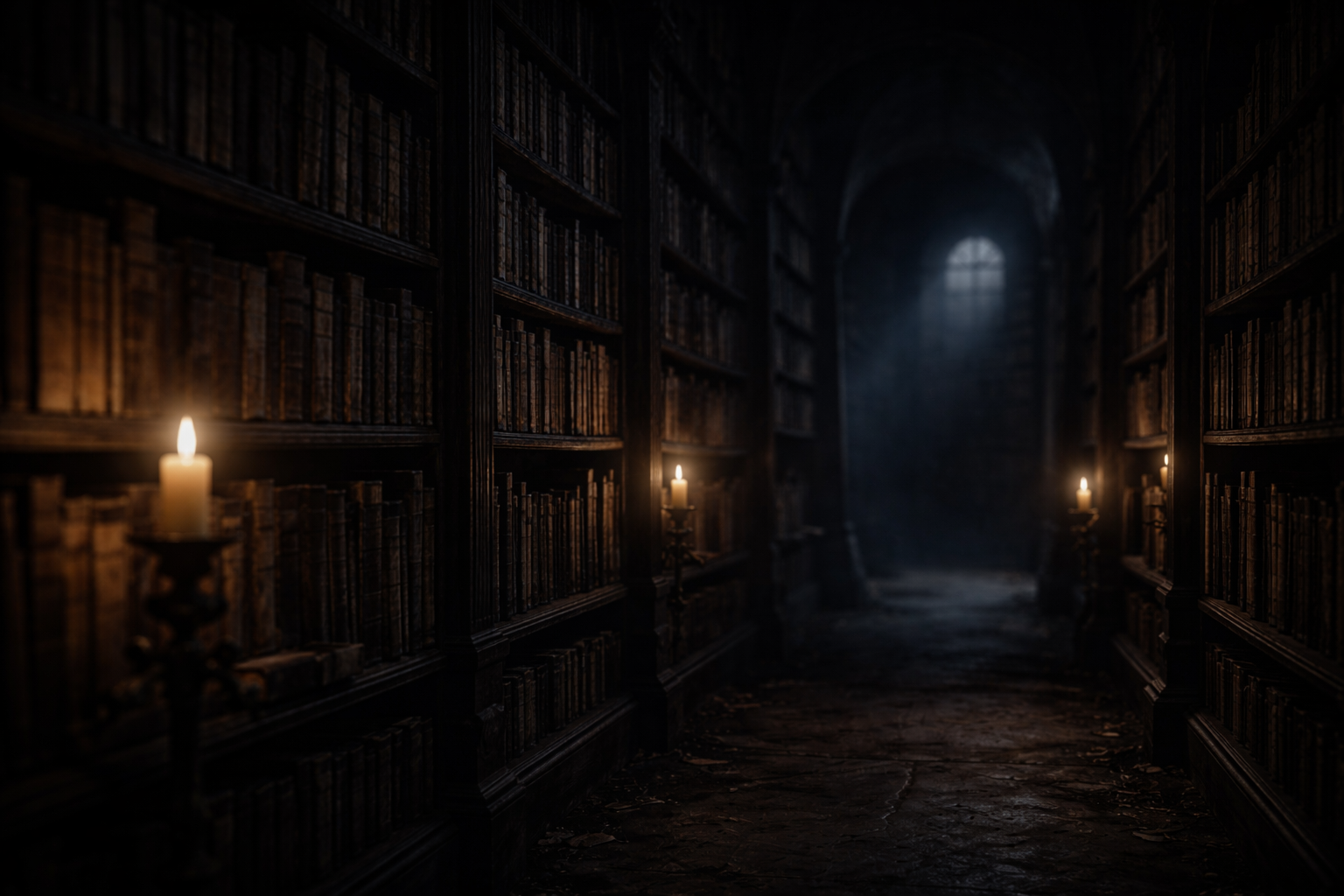 Tall bookshelves fading into darkness with candlelight