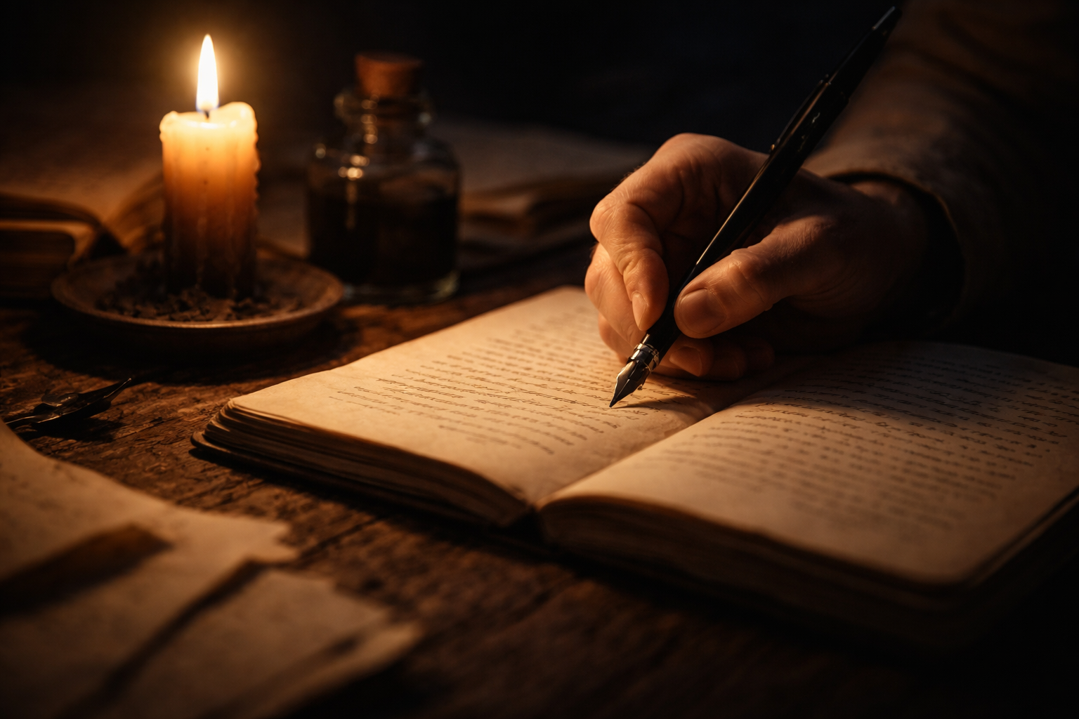 A hand writing in a journal by candlelight